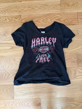 Harley-Davidson Black Tee with Pink and Teal Graphic